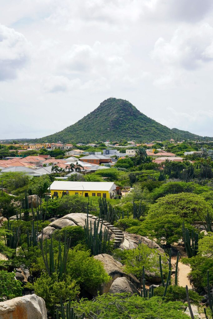 Aruba First-Timer's Guide — A lush, green landscape with cacti and large rocks in the foreground, colorful houses and a bright yellow building in the middle, and a conical hill covered in greenery under a cloudy sky in the background.